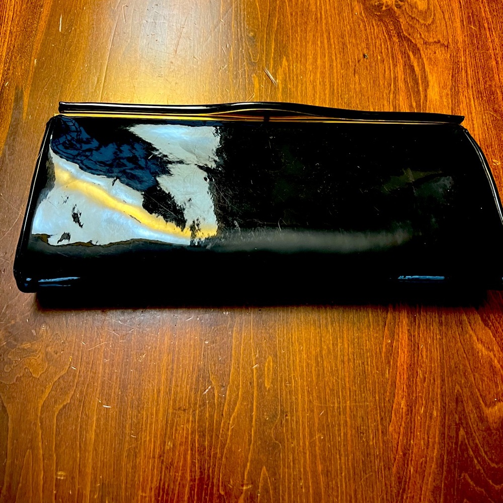1950’s Black Genuine Patten Leather Clutch with gold clasp closure